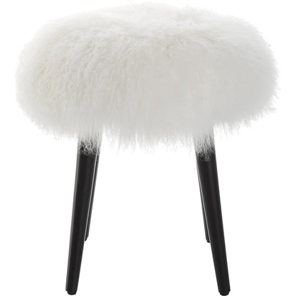 Wooly Sheepskin Accent Stool by Uttermost in black. Made from rubber wood, real sheepskin, foam, plywood in a unique style.