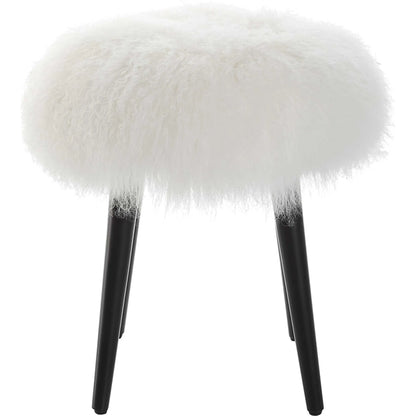 Wooly Sheepskin Accent Stool by Uttermost in black. Made from rubber wood, real sheepskin, foam, plywood in a unique style.