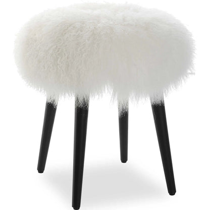 Wooly Sheepskin Accent Stool by Uttermost in black. Made from rubber wood, real sheepskin, foam, plywood in a unique style.