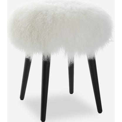 Wooly Sheepskin Accent Stool by Uttermost in black. Made from rubber wood, real sheepskin, foam, plywood in a unique style.