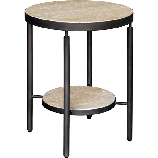Dauntless Travertine Side Table by Uttermost in black. Made from metal with stone, plywood in a unique style.