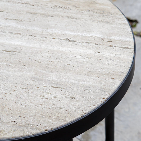 Dauntless Travertine Side Table by Uttermost in black. Made from metal with stone, plywood in a unique style.