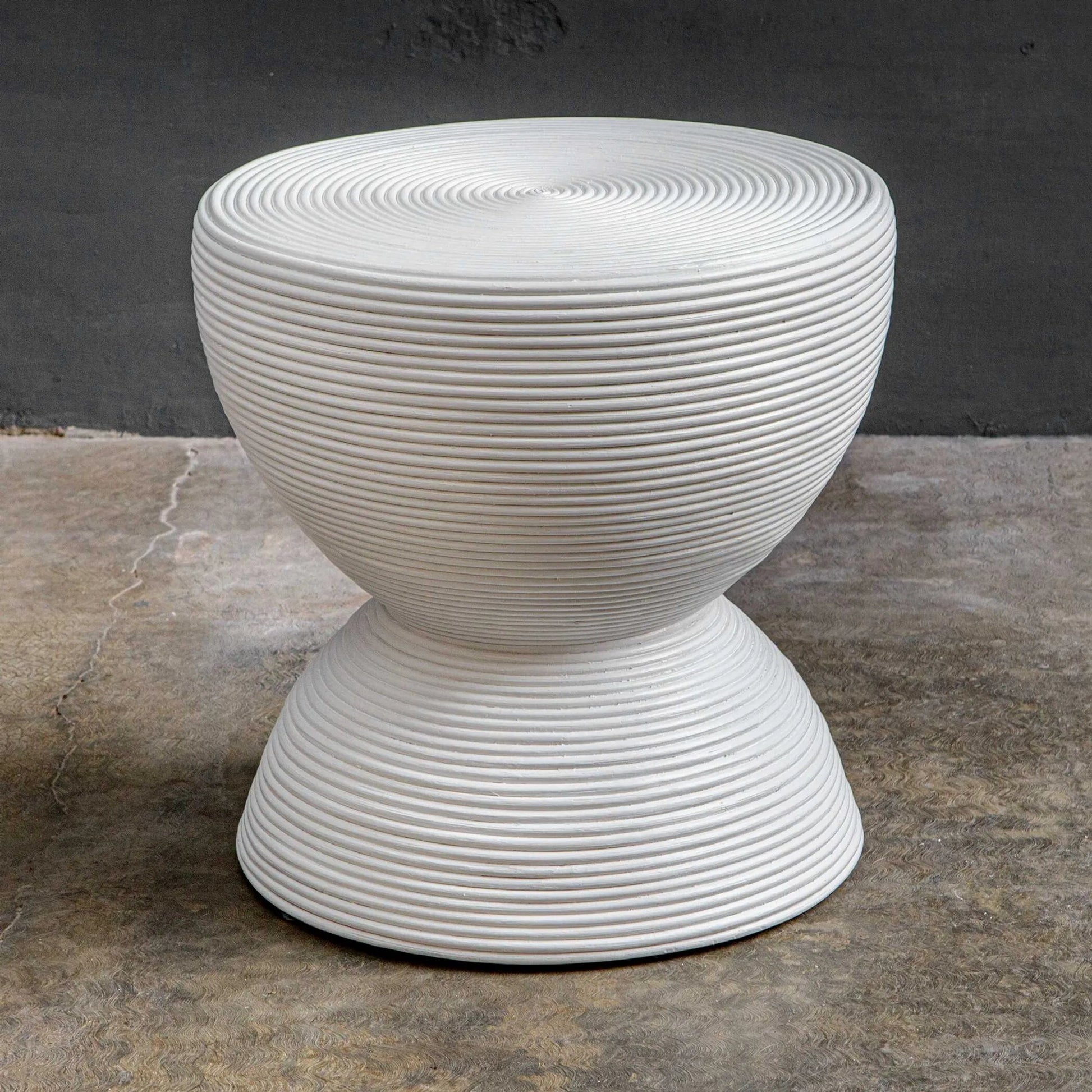 Bongo Rattan Side Table by Uttermost in white. Made from rattan pole with rattan core, fabric in a unique style.