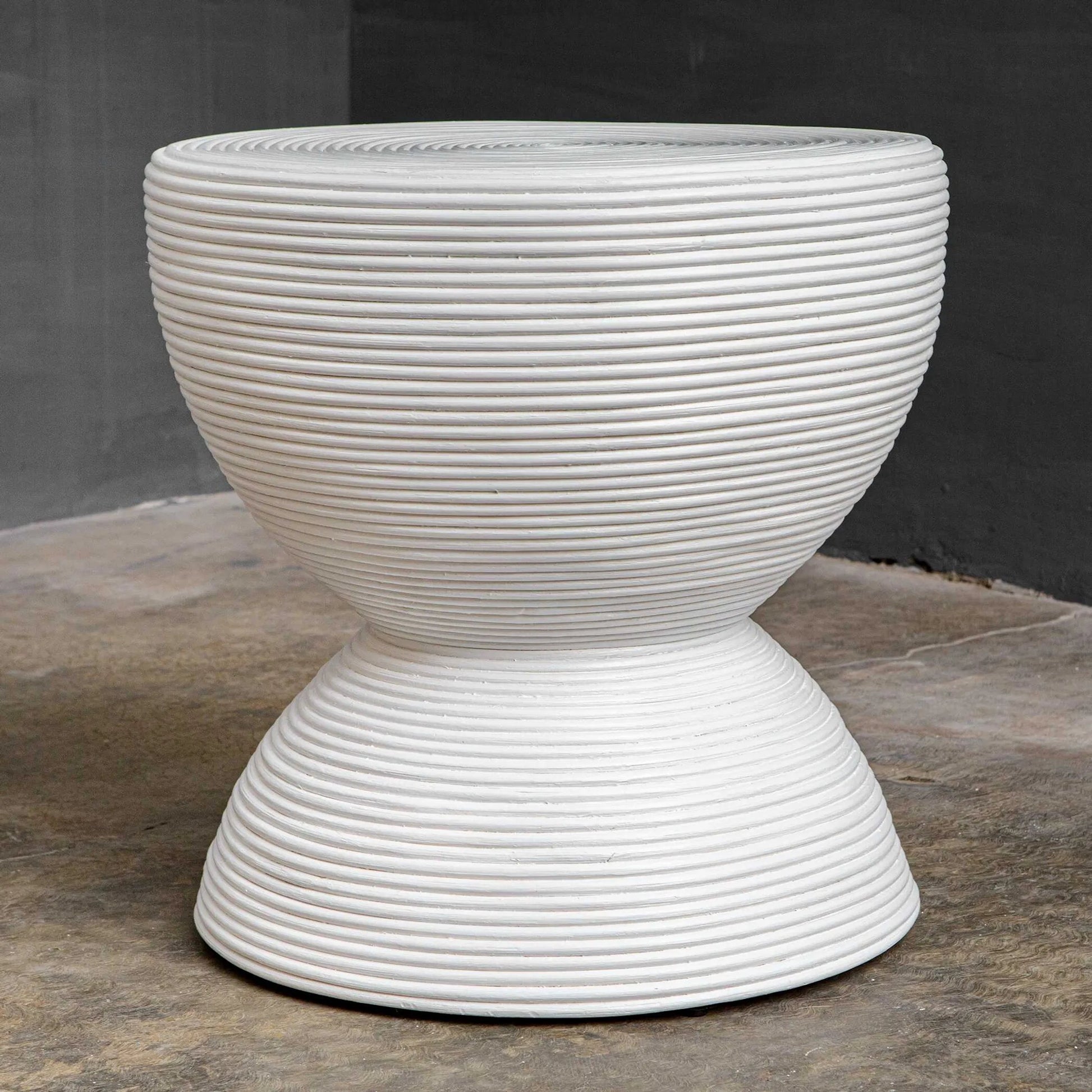 Bongo Rattan Side Table by Uttermost in white. Made from rattan pole with rattan core, fabric in a unique style.