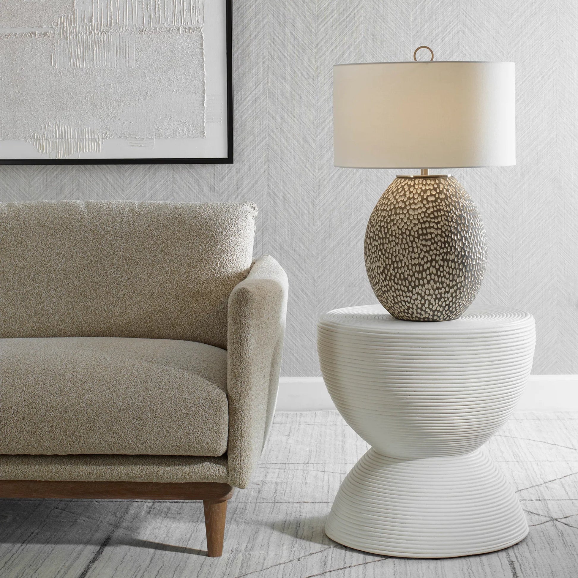 Bongo Rattan Side Table by Uttermost in white. Made from rattan pole with rattan core, fabric in a unique style.