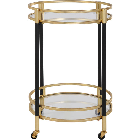 Dolly Round Bar Cart by Uttermost in gold leaf. Made from iron, tempered glass in a unique style.