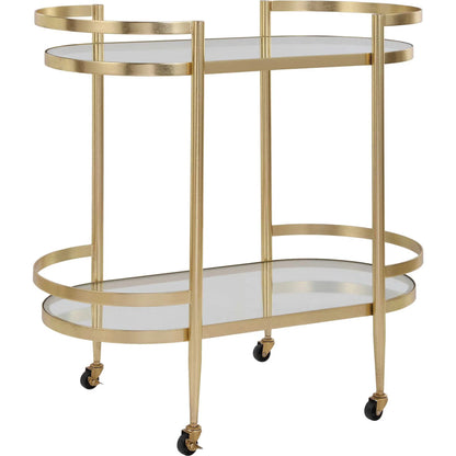 Isabelle Bar Cart by Uttermost in gold leaf. Made from iron, tempered glass in a transitional style.
