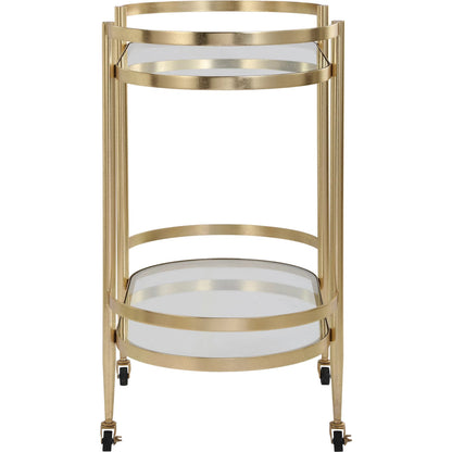 Isabelle Bar Cart by Uttermost in gold leaf. Made from iron, tempered glass in a transitional style.