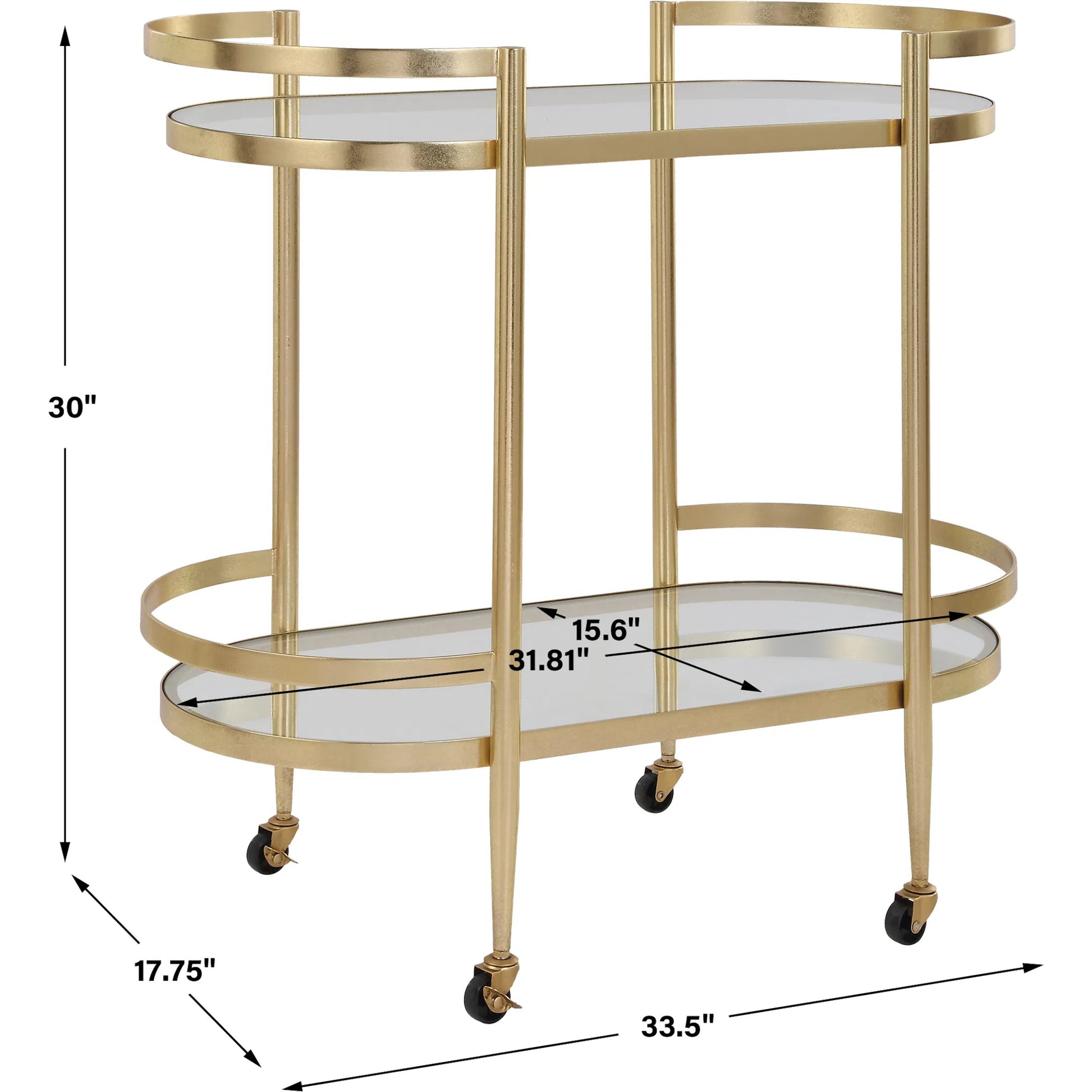 Isabelle Bar Cart by Uttermost in gold leaf. Made from iron, tempered glass in a transitional style.