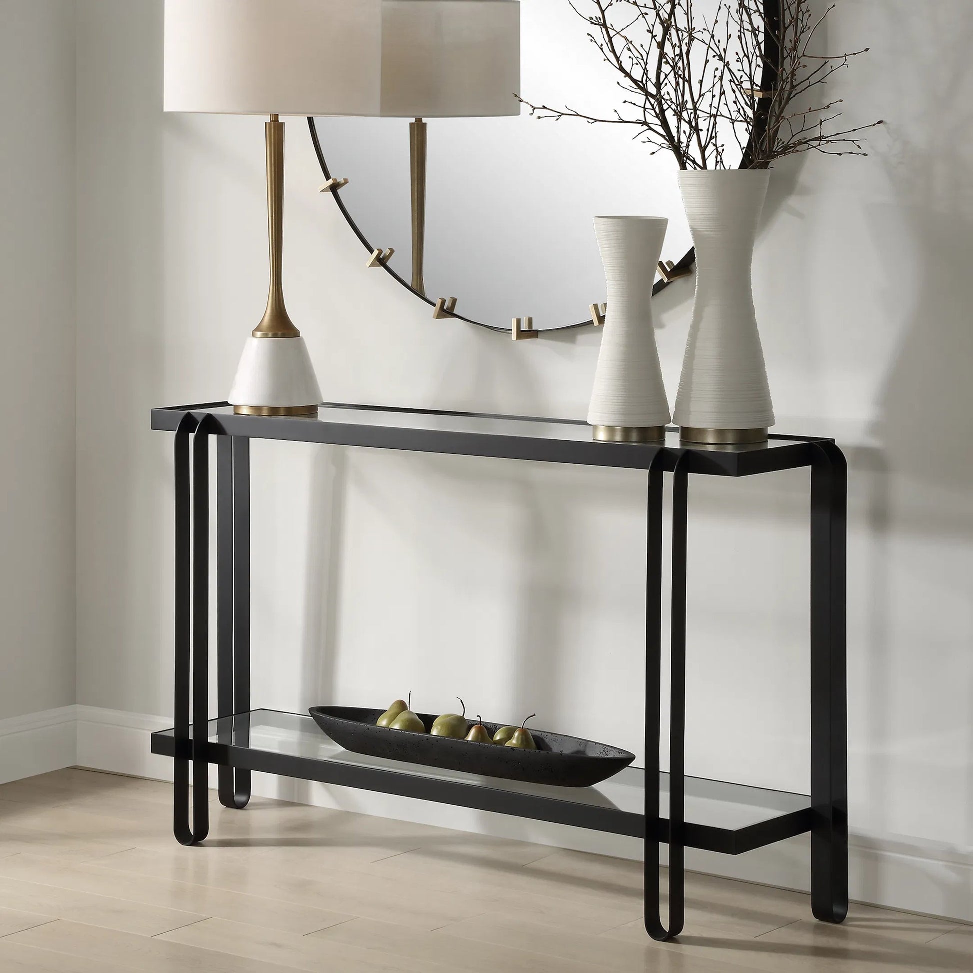 Shadow Console Table by Uttermost in iron. Made from iron, tempered glass in a unique style.