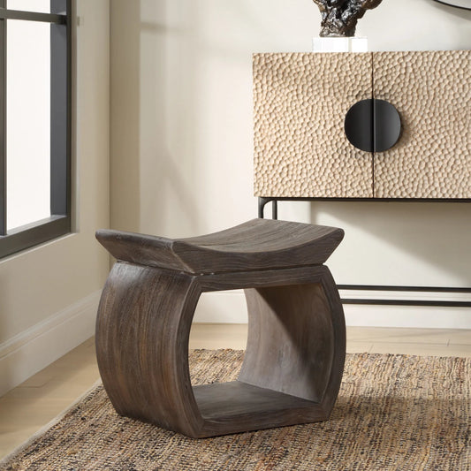 Connor Accent Stool by Uttermost in walnut. Made from reclaim elm wood in a unique style.