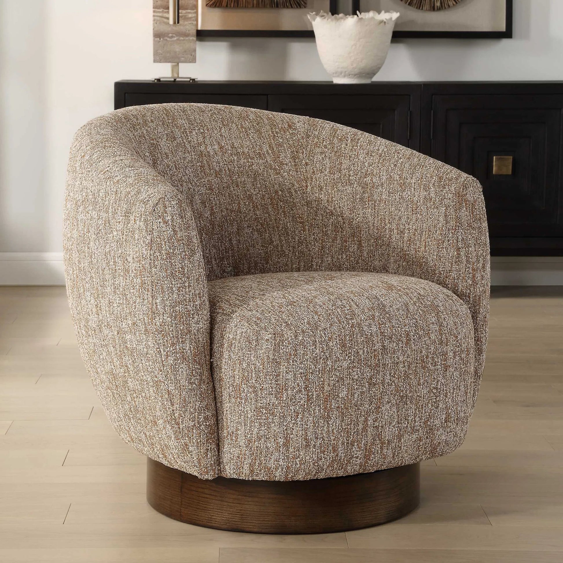 Dunes Fabric Swivel Chair by Uttermost in dark. Made from oak, plywood, foam, fabric in a transitional style.