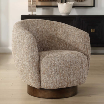 Dunes Fabric Swivel Chair by Uttermost in dark. Made from oak, plywood, foam, fabric in a transitional style.