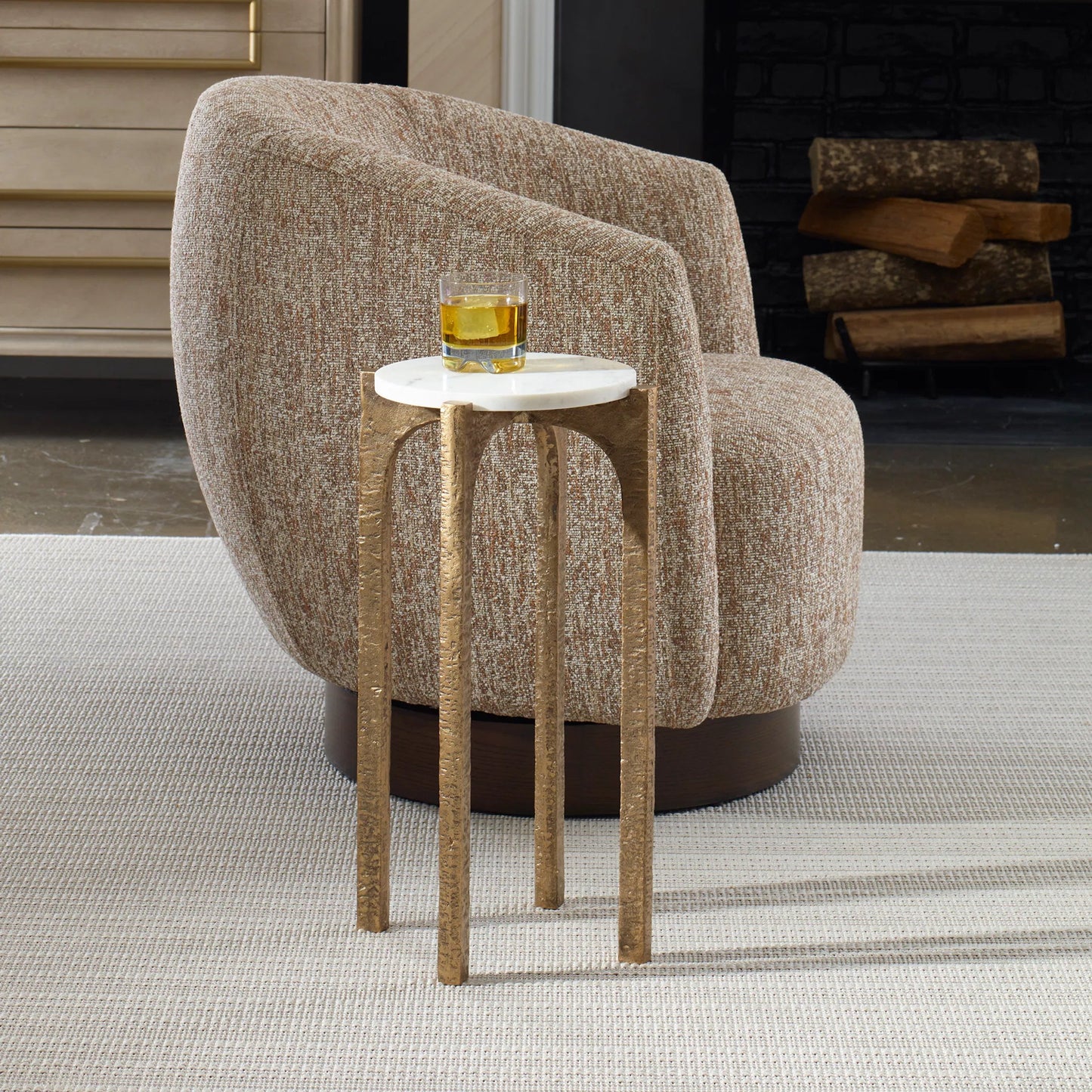 001 SI-2262343 | Lifestyle | Vivi Drink Table by Uttermost in brass. Made from aluminum, marble in a modern style.