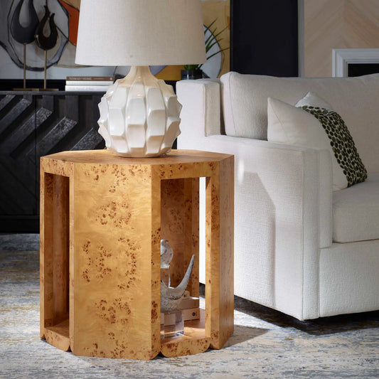 Indus Burl Side Table by Uttermost in poplar burl. Made from accacia, mdf, burl in a modern style.