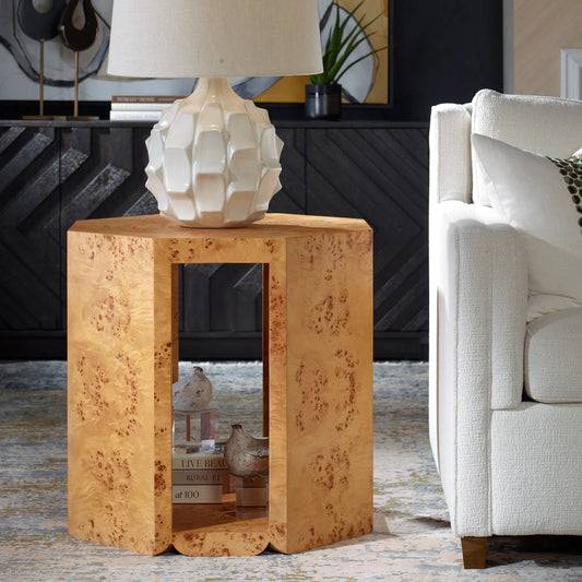 Indus Burl Side Table by Uttermost in poplar burl. Made from accacia, mdf, burl in a unique style.