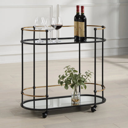 Andre Bar Cart by Uttermost in gold. Made from metal, mirror in a transitional style.
