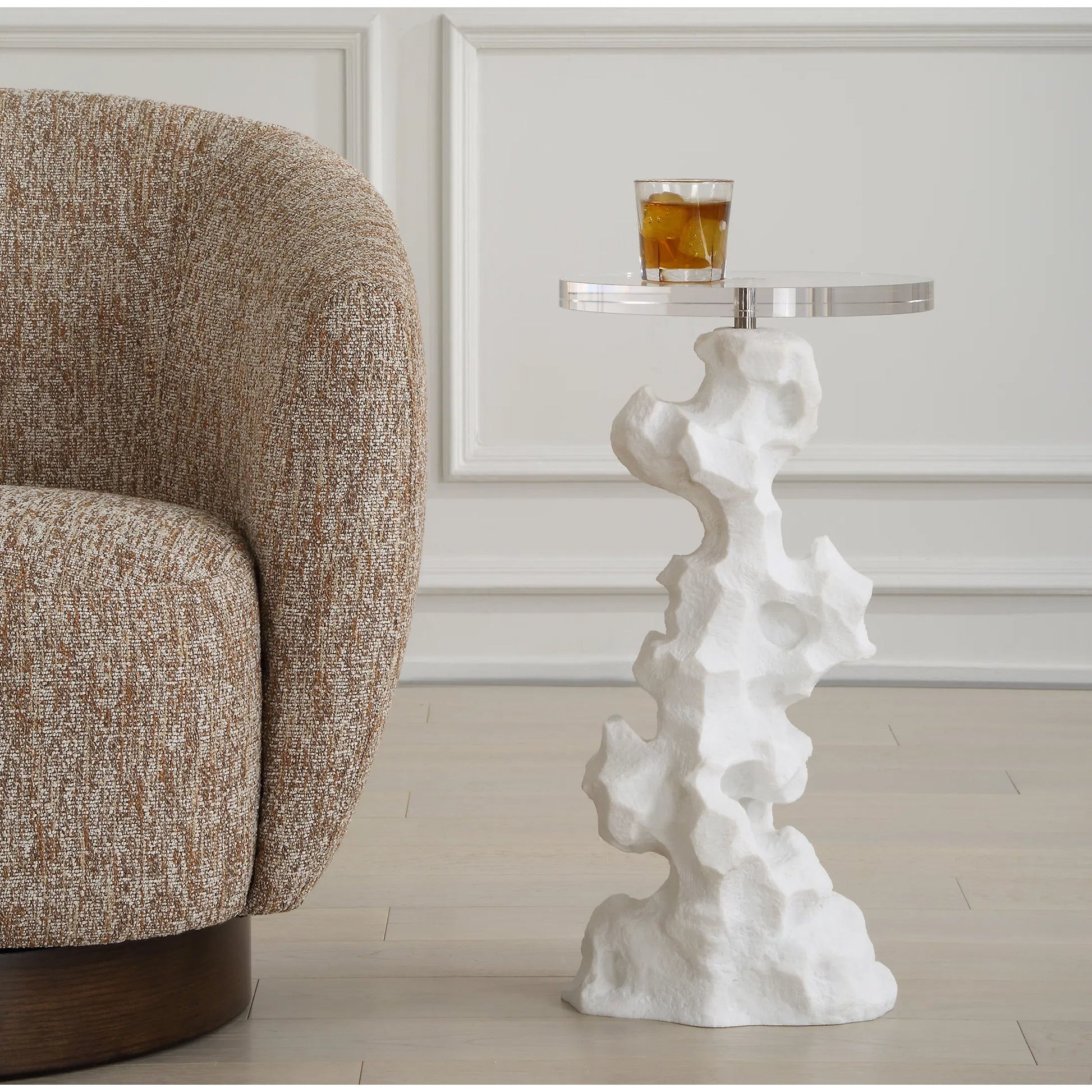 Remnant Drink Table by Uttermost in white. Made from man made stone, crystal, iron in a modern style.