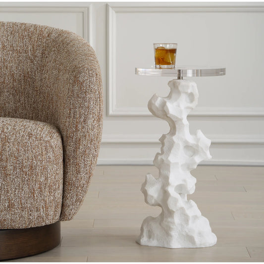 Remnant Drink Table by Uttermost in white. Made from man made stone, crystal, iron in a unique style.