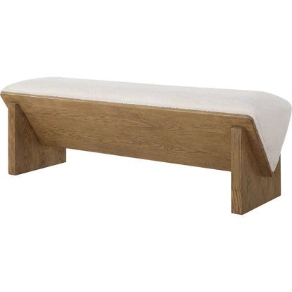 Wedged Fabric Bench by Uttermost in ivory. Made from plywood, oak veneer, foam, fabric in a transitional style.