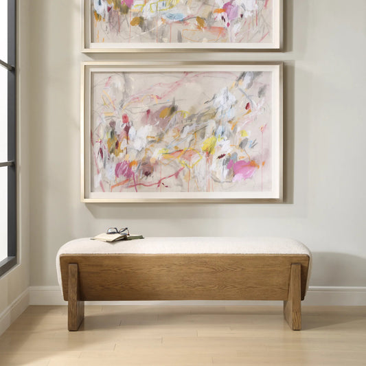 Wedged Fabric Bench by Uttermost in ivory. Made from plywood, oak veneer, foam, fabric in a unique style.