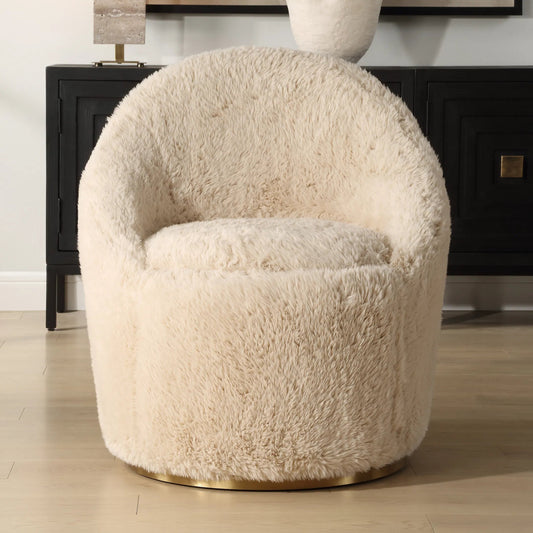 Crue Sheepskin Swivel Chair by Uttermost in brass. Made from plywood, hardwood, faabric, foam in a unique style.