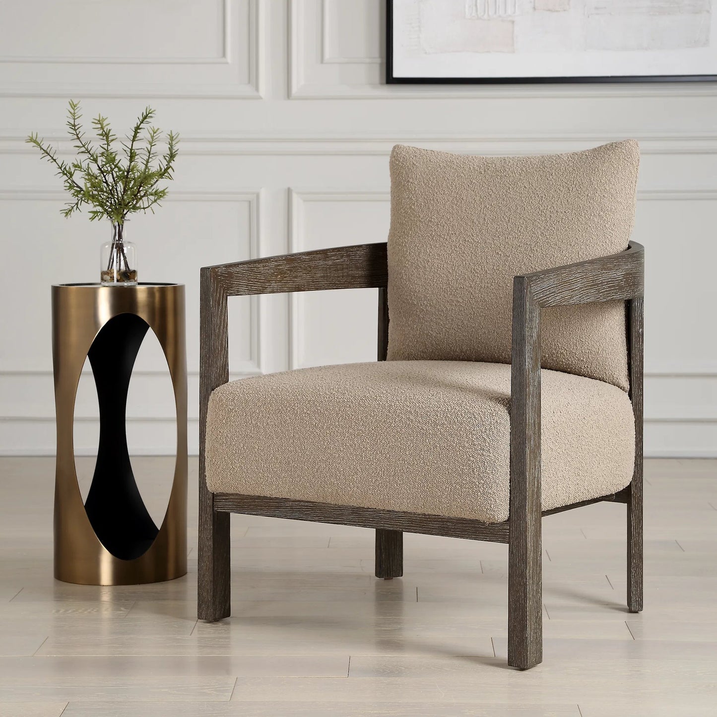 009 SI-2262259 | Lifestyle | Sienna Sand Fabric Accent Chair by Uttermost in sand and cocoa. Made from oak solid, plywood, foam, fabric in a unique style.