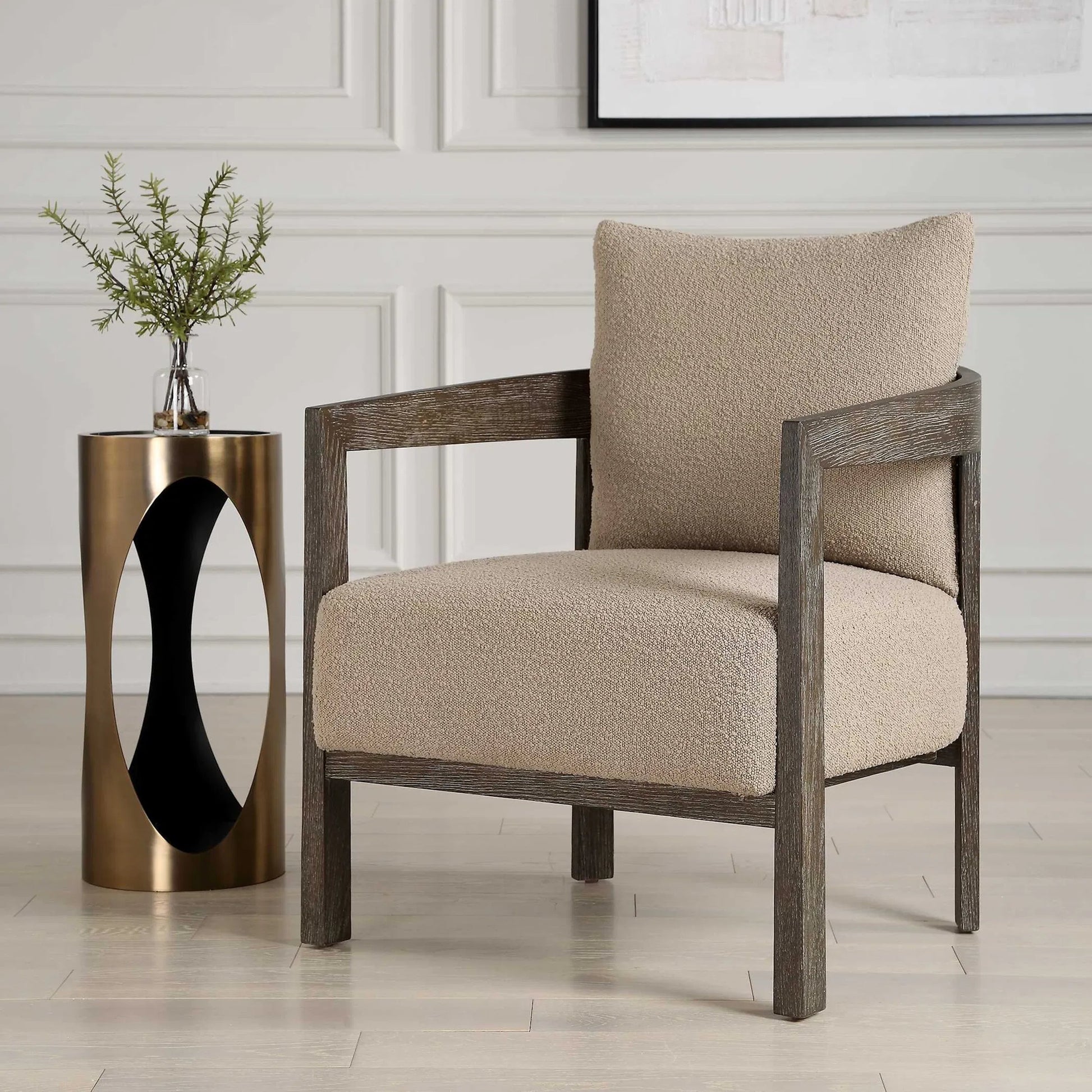 Sienna Sand Fabric Accent Chair by Uttermost in sand and cocoa. Made from oak solid, plywood, foam, fabric in a unique style.