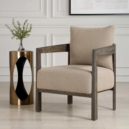 Sienna Sand Fabric Accent Chair by Uttermost in sand and cocoa. Made from oak solid, plywood, foam, fabric in a unique style.