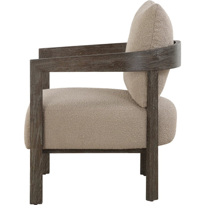 Sienna Sand Fabric Accent Chair by Uttermost in sand and cocoa. Made from oak solid, plywood, foam, fabric in a unique style.