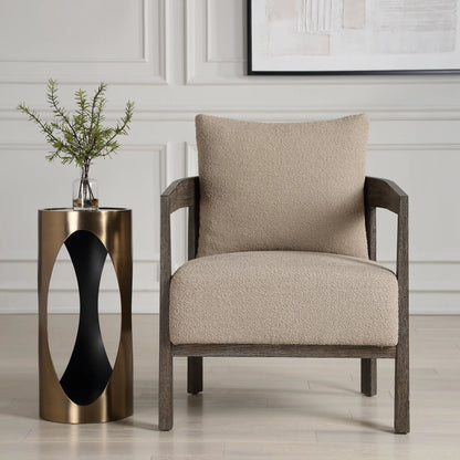 Sienna Sand Fabric Accent Chair by Uttermost in sand and cocoa. Made from oak solid, plywood, foam, fabric in a unique style.