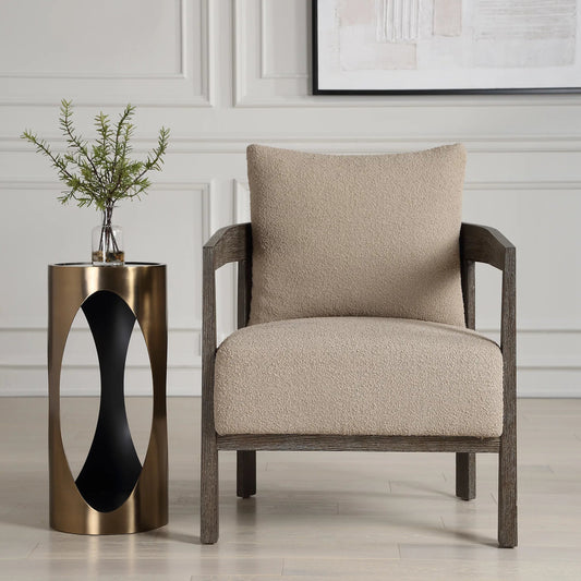 Sienna Sand Fabric Accent Chair by Uttermost in sand and cocoa. Made from oak solid, plywood, foam, fabric in a unique style.