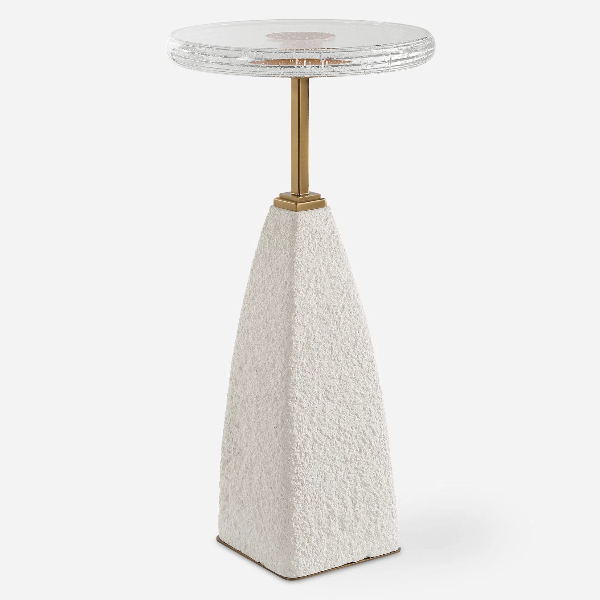 Sora Glass Drink Table by Uttermost in brass. Made from steel, sandstone, glass in a transitional style.