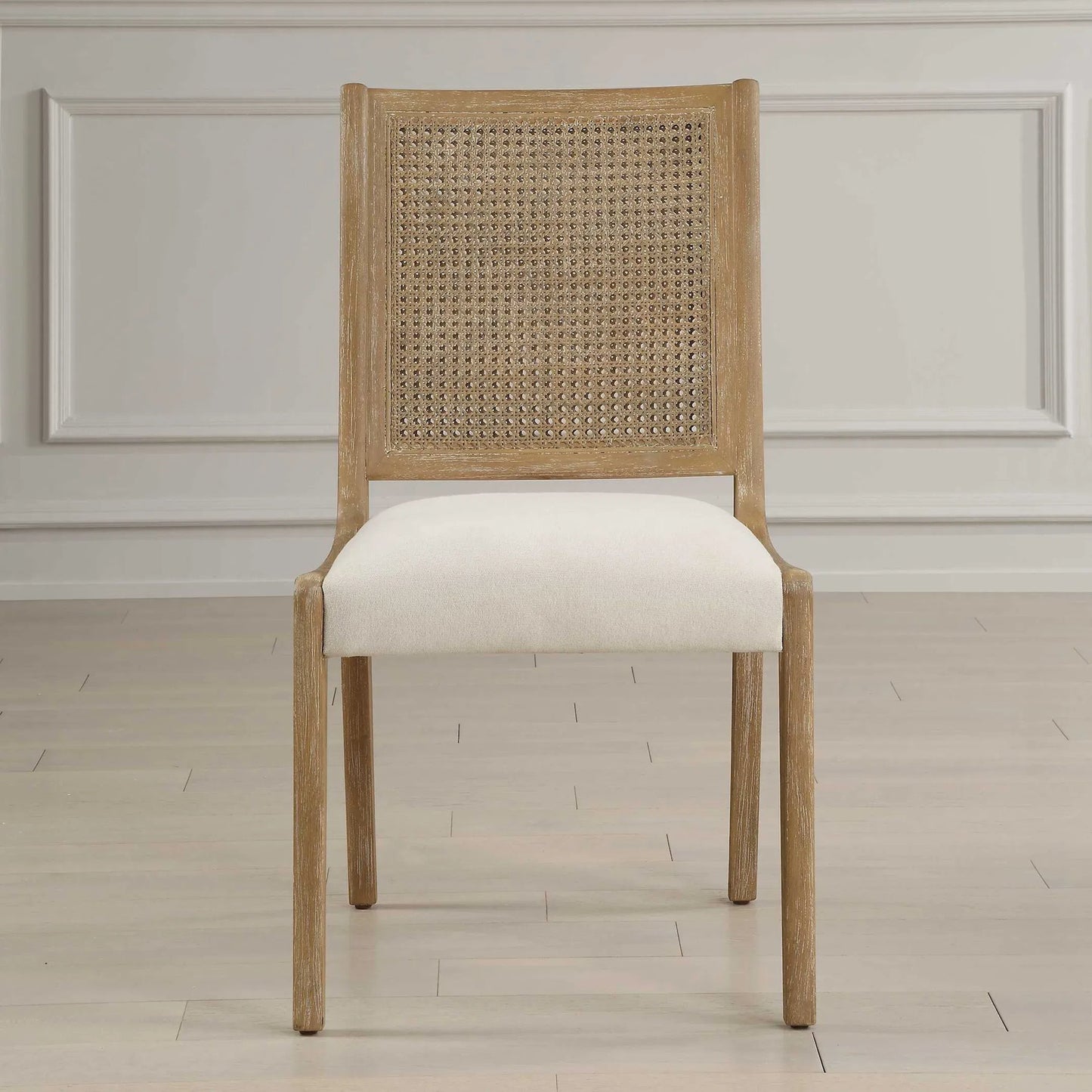 002 SI-2386650 | Lifestyle | Interweave Rattan Dining Chair (Set of 2) by Uttermost in oak. Made from rubber wood, plywood, rattan, fabric in a transitional style.
