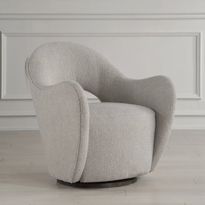 Wander Swivel Chair by Uttermost in oat and dark walnut. Made from bent wood, hardwood, fabric, foam in a unique style.
