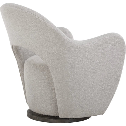 Wander Swivel Chair by Uttermost in oat and dark walnut. Made from bent wood, hardwood, fabric, foam in a unique style.
