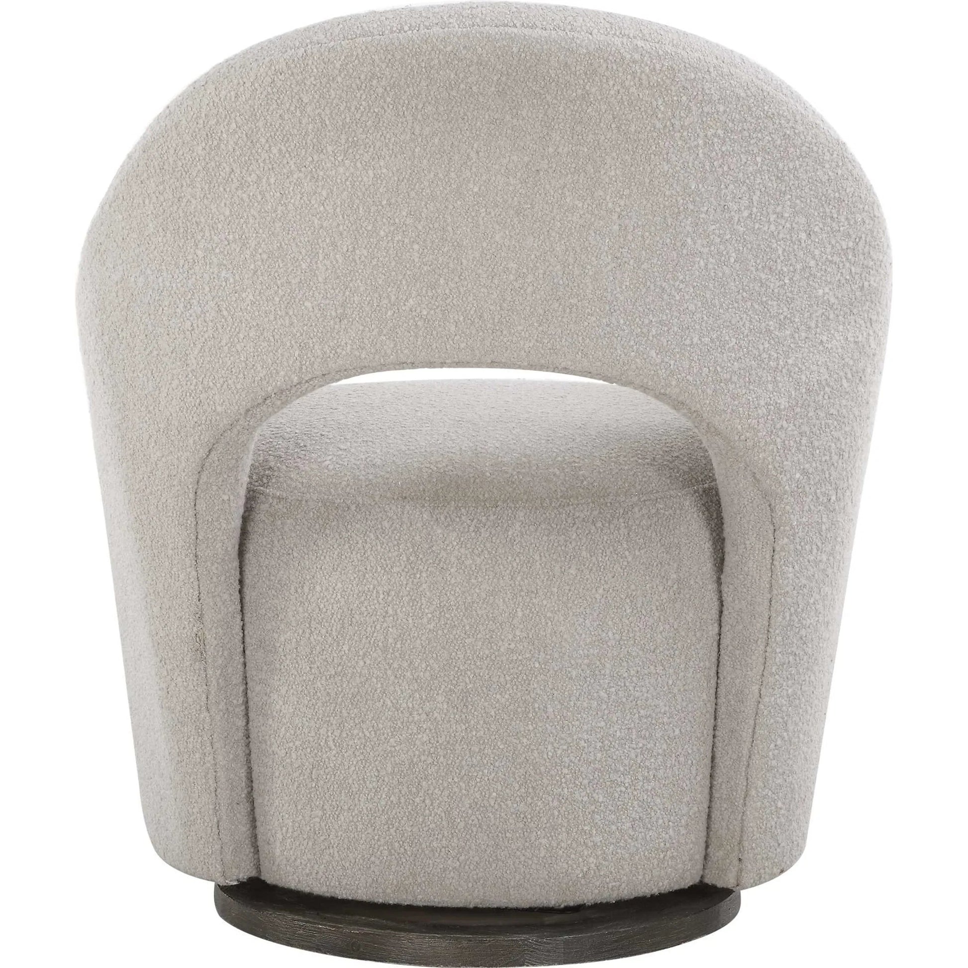 Wander Swivel Chair by Uttermost in oat and dark walnut. Made from bent wood, hardwood, fabric, foam in a unique style.