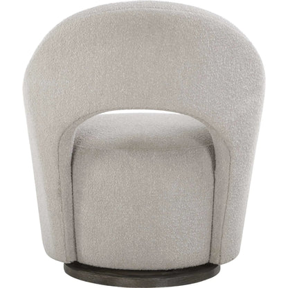 Wander Swivel Chair by Uttermost in oat and dark walnut. Made from bent wood, hardwood, fabric, foam in a unique style.