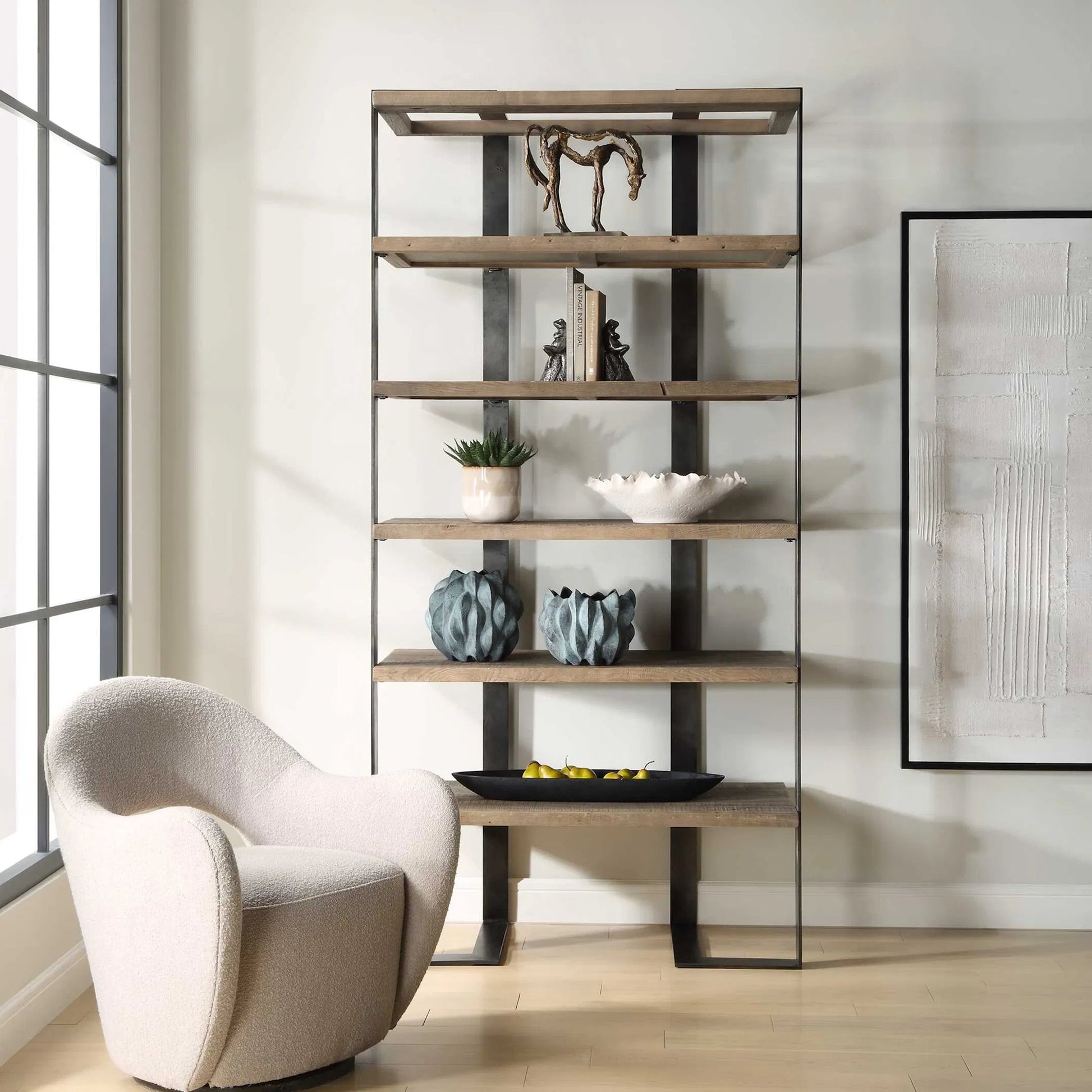 Wander Swivel Chair by Uttermost in oat and dark walnut. Made from bent wood, hardwood, fabric, foam in a unique style.