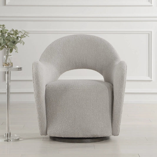 Wander Swivel Chair by Uttermost in oat and dark walnut. Made from bent wood, hardwood, fabric, foam in a unique style.