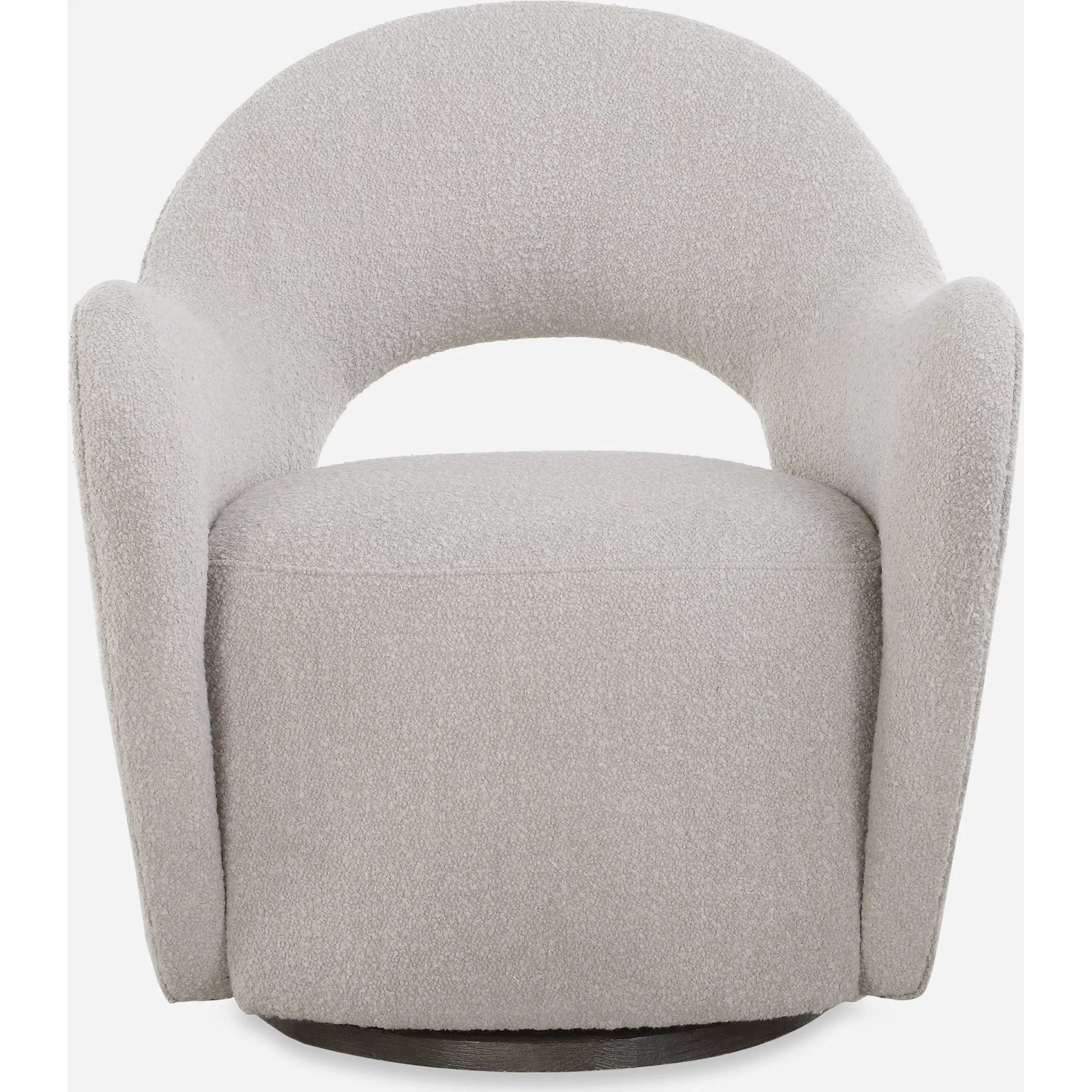 Wander Swivel Chair by Uttermost in oat and dark walnut. Made from bent wood, hardwood, fabric, foam in a unique style.