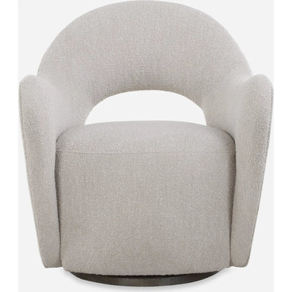 Wander Swivel Chair by Uttermost in oat and dark walnut. Made from bent wood, hardwood, fabric, foam in a unique style.