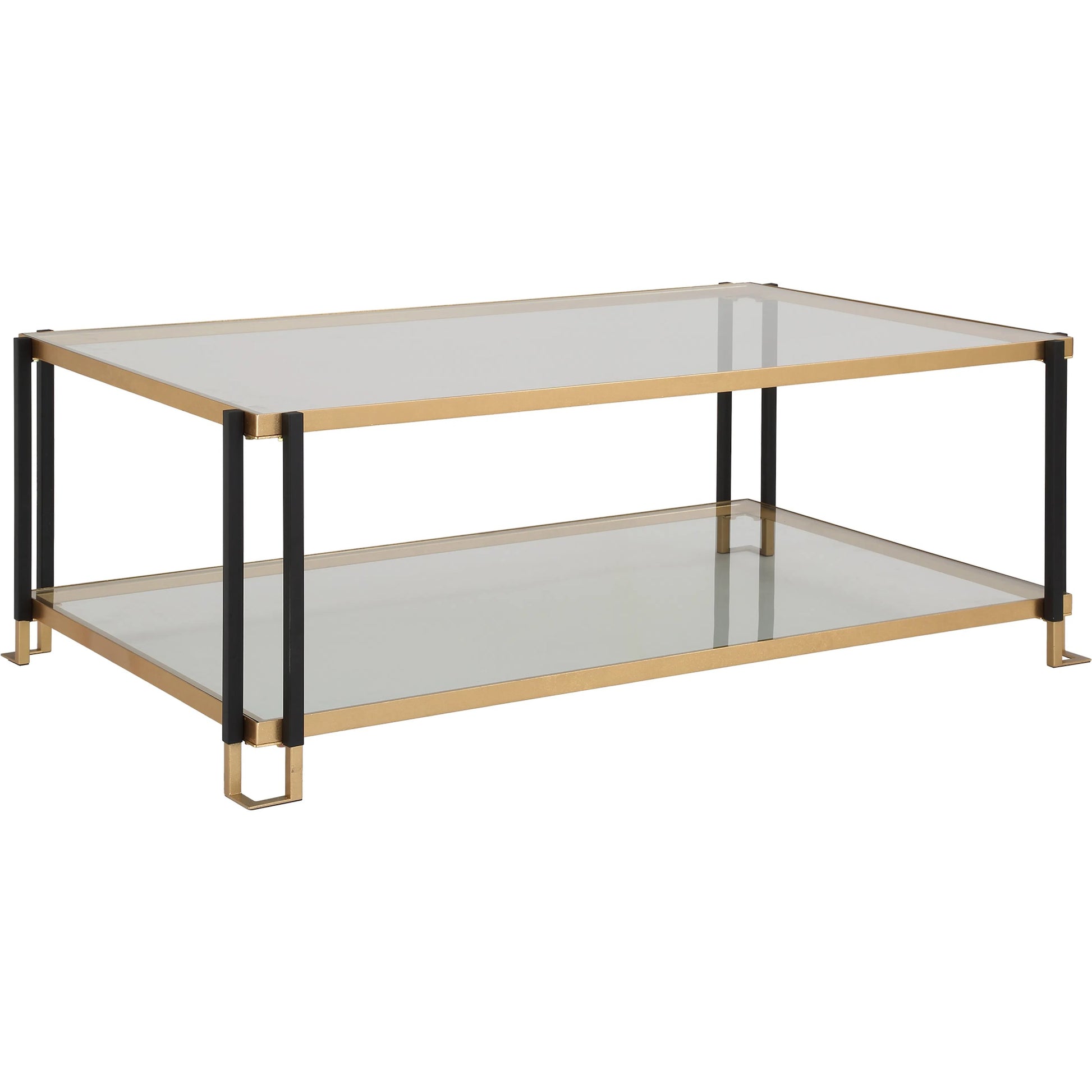 Kentmore Glass Coffee Table by Uttermost in gold leaf. Made from iron, tempered glass in a unique style.