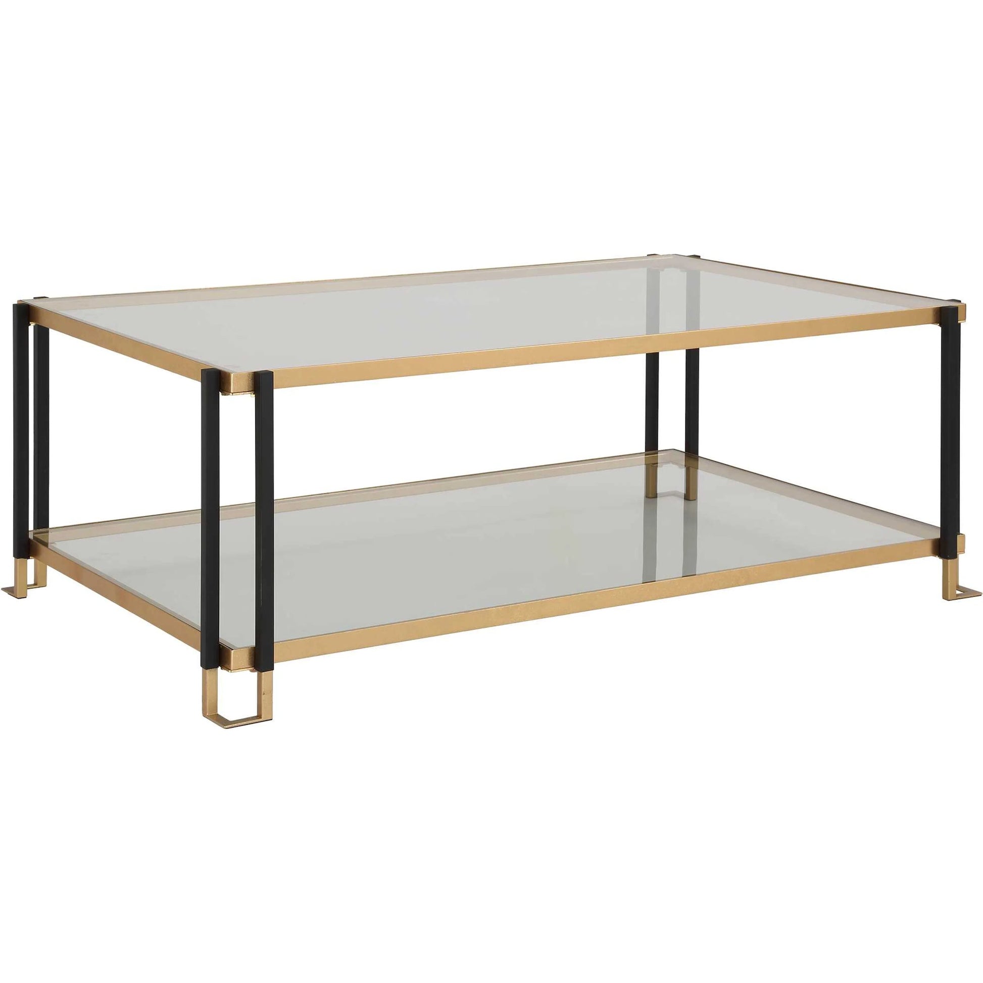Kentmore Glass Coffee Table by Uttermost in gold leaf. Made from iron, tempered glass in a unique style.
