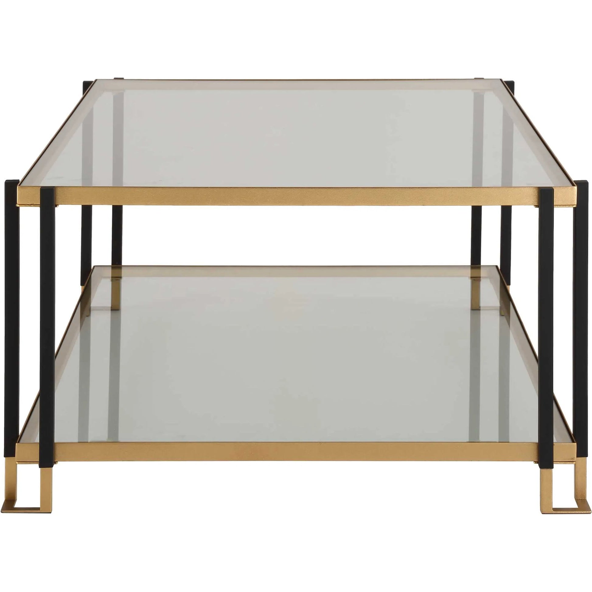 Kentmore Glass Coffee Table by Uttermost in gold leaf. Made from iron, tempered glass in a unique style.