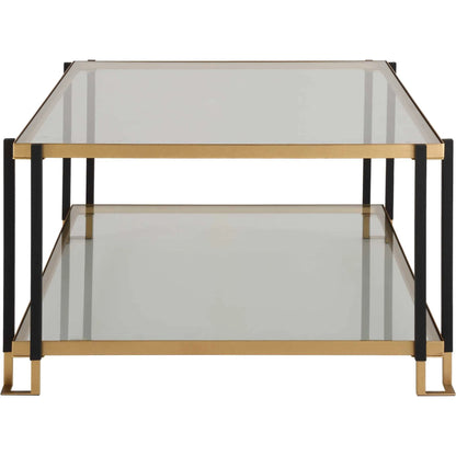Kentmore Glass Coffee Table by Uttermost in gold leaf. Made from iron, tempered glass in a unique style.