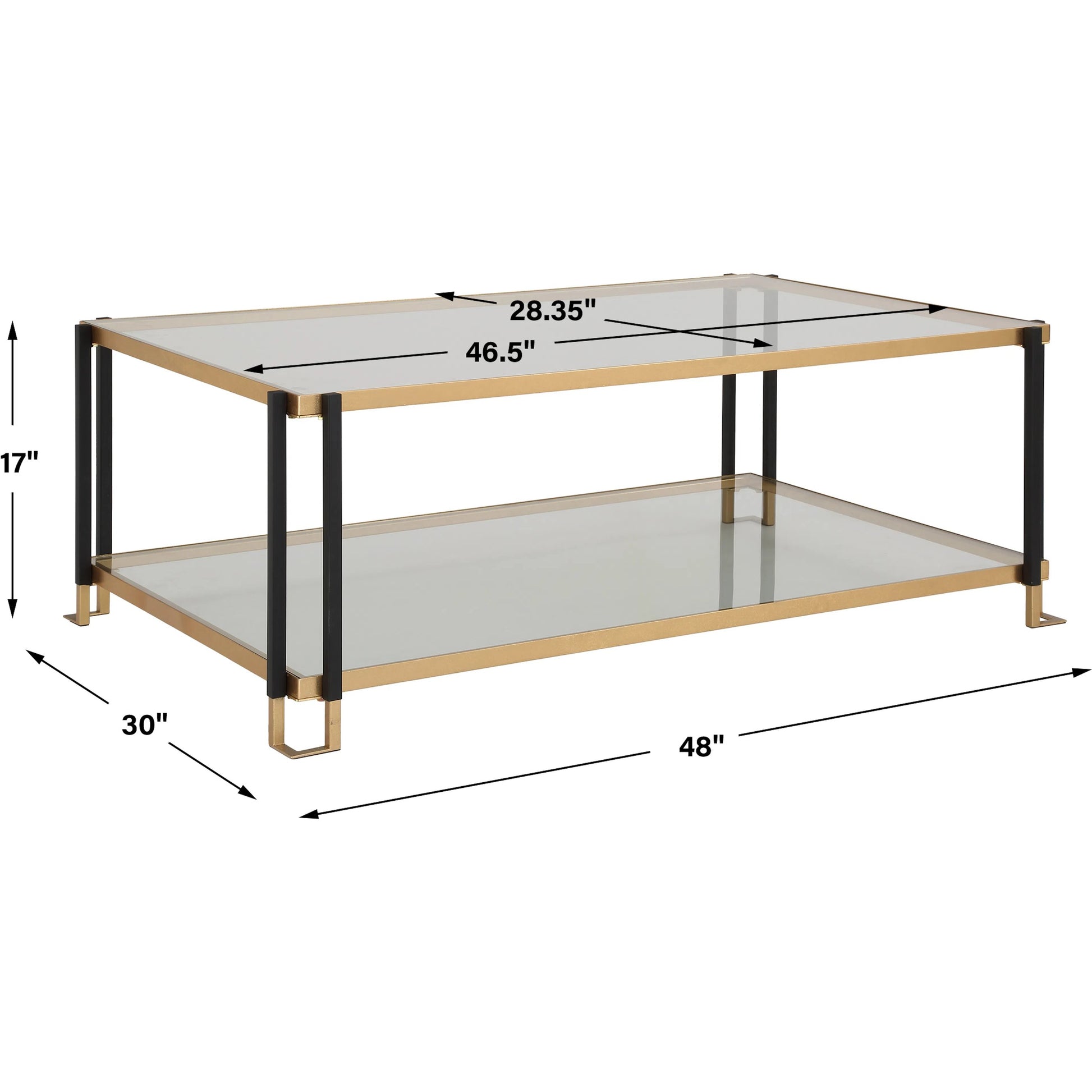 Kentmore Glass Coffee Table by Uttermost in gold leaf. Made from iron, tempered glass in a unique style.