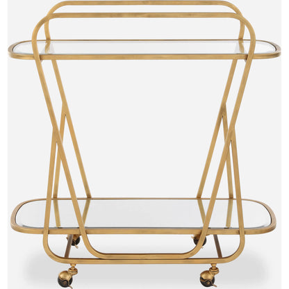 Swain Serving Cart by Uttermost in brass. Made from iron, glass, mirror in a transitional style.