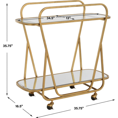 Swain Serving Cart by Uttermost in brass. Made from iron, glass, mirror in a transitional style.
