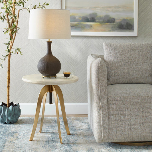 Alice Adjustable Accent Table by Uttermost in brass. Made from metal, mdf, oak veneer in a unique style.